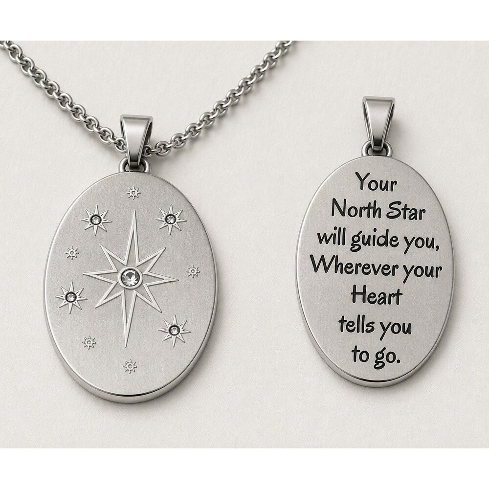 North Star Necklace Stainless Steel Compass Pendant Inspirational Message Gift